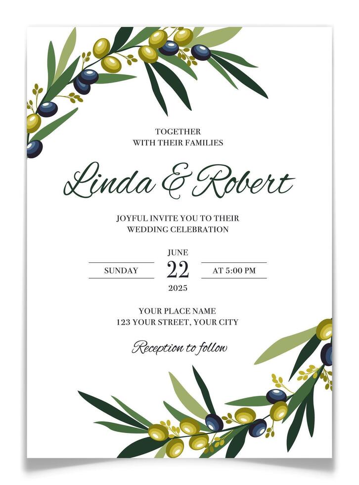 Minimalist Wedding Invitation with Olive Branches. vector