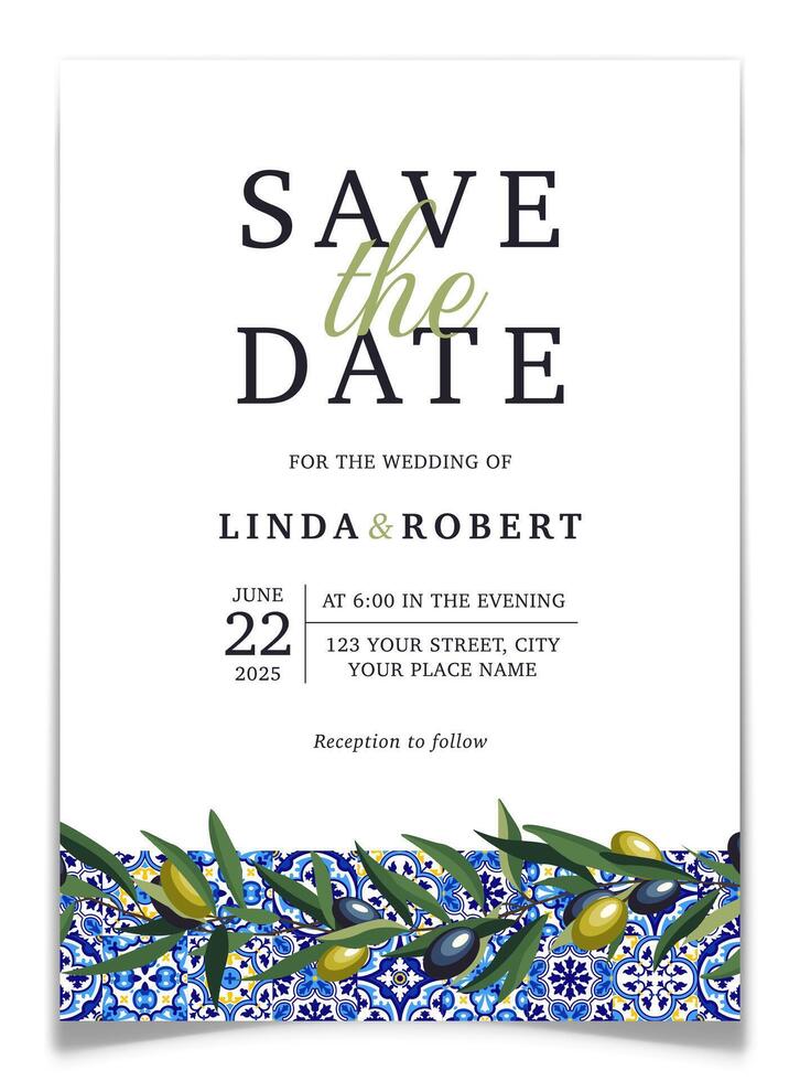 Blue Tiles and Olives Wedding Save The Date Card. vector