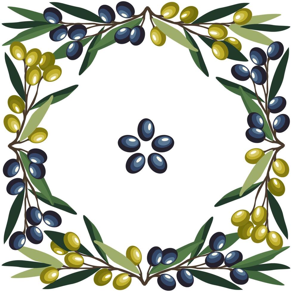 Mediterranean Tile with Black and Green Olive Branches. illustration vector