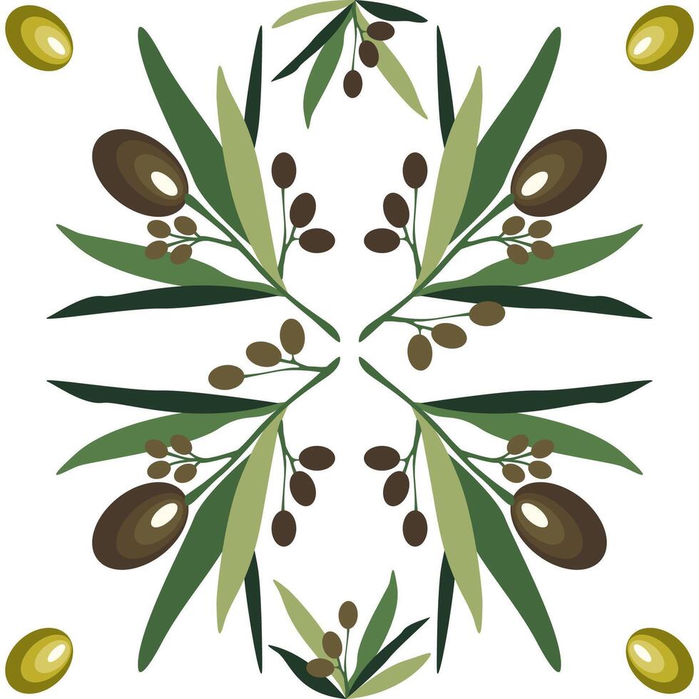 Mediterranean Olive Tree Pattern. Green and Black Fruits with Foliage. illustration vector