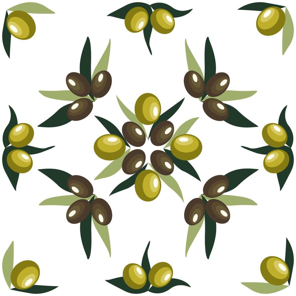 Seamless Mediterranean Pattern with Green and Black Olives on Branches. illustration vector