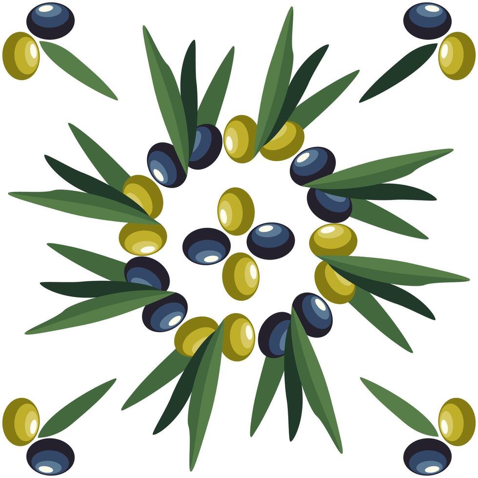 Mediterranean Tile Ornament with Black and Green Olive Branches. illustration vector