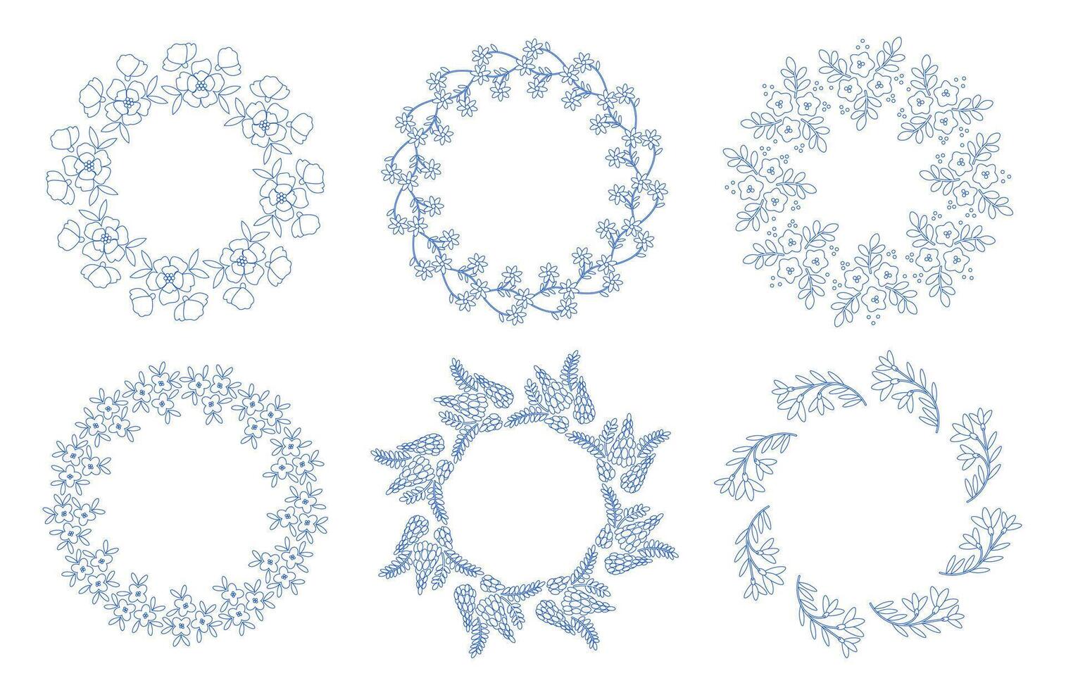 Mediterranean blue branches circle frame set. Hand drawn round line border, leaves and flowers, wedding invitation and cards, logo design and posters template. Elegant minimal style floral set. vector