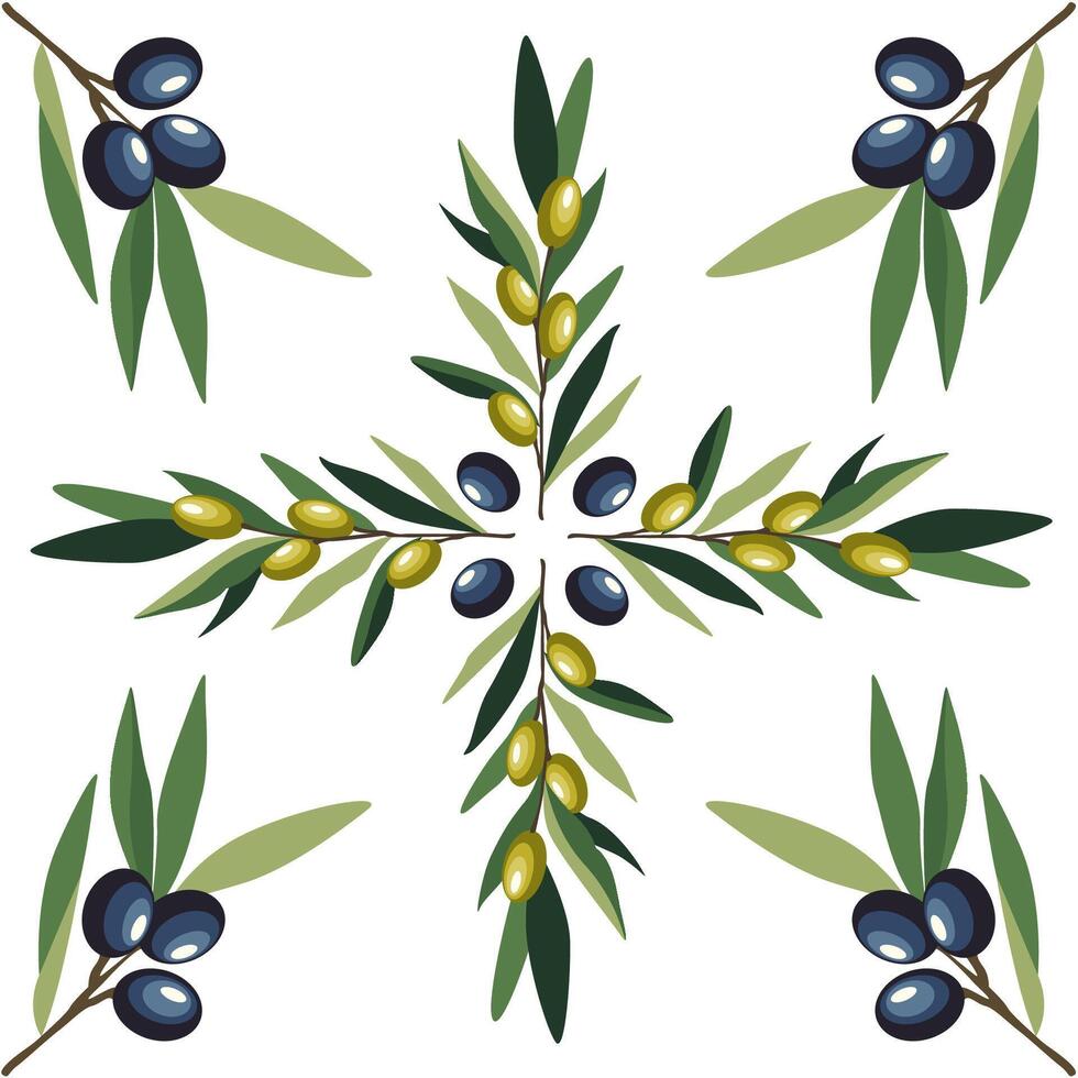 Mediterranean Olive Tree Sprigs on Tile. Flat Seamless Pattern. vector