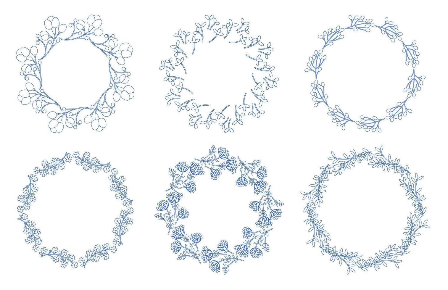 Mediterranean blue branches circle frame set. vector