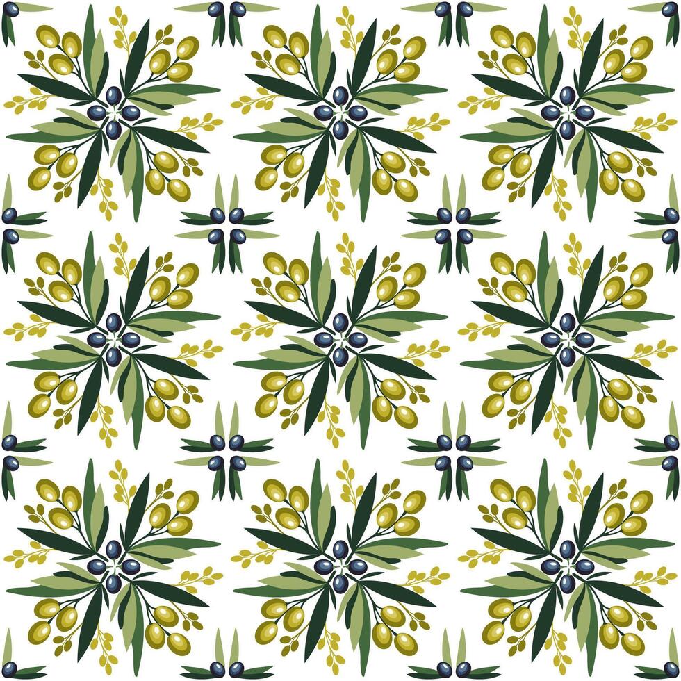 Mediterranean Foliage Pattern. Black and Green Olives with Leaves. illustration vector