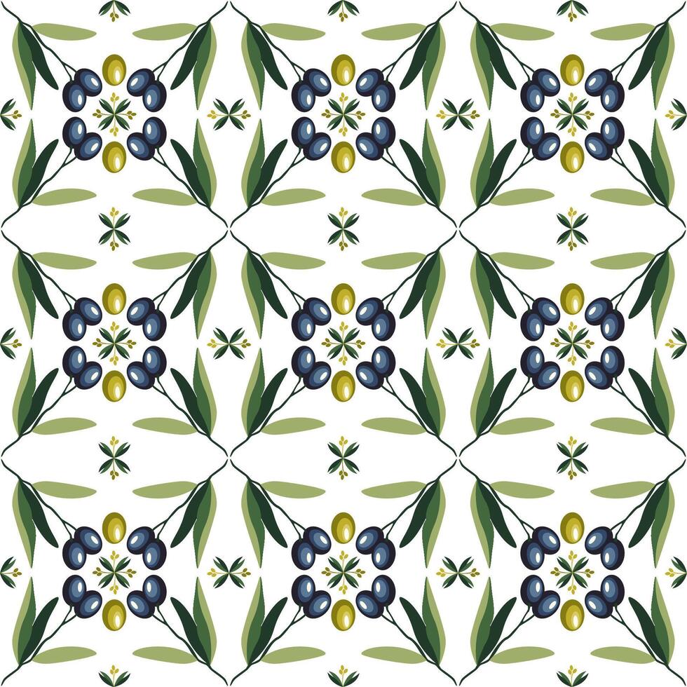 Mediterranean Tile Ornament with Olive Branch Motif. Seamless vector