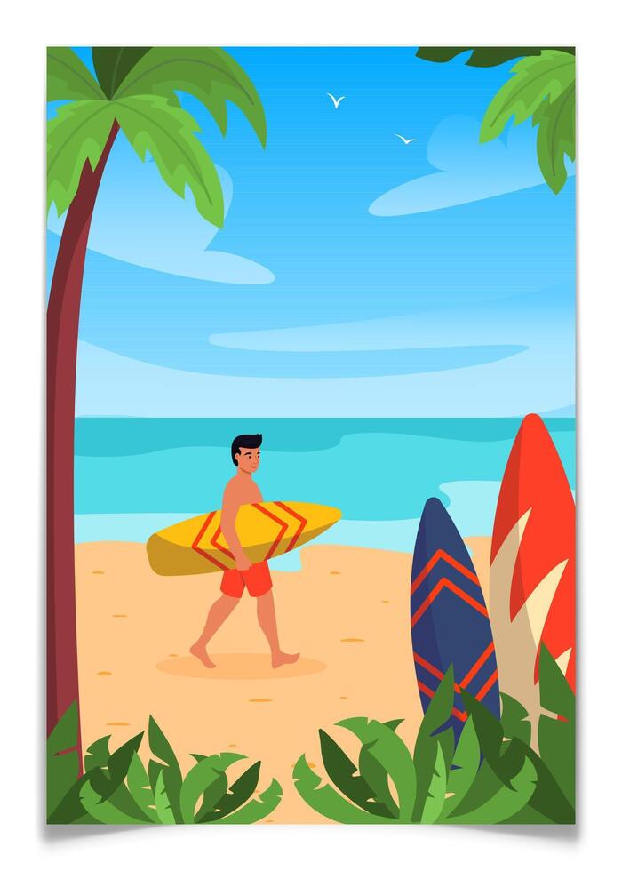 Summer Time Poster with Surfer on Sea Beach. vector