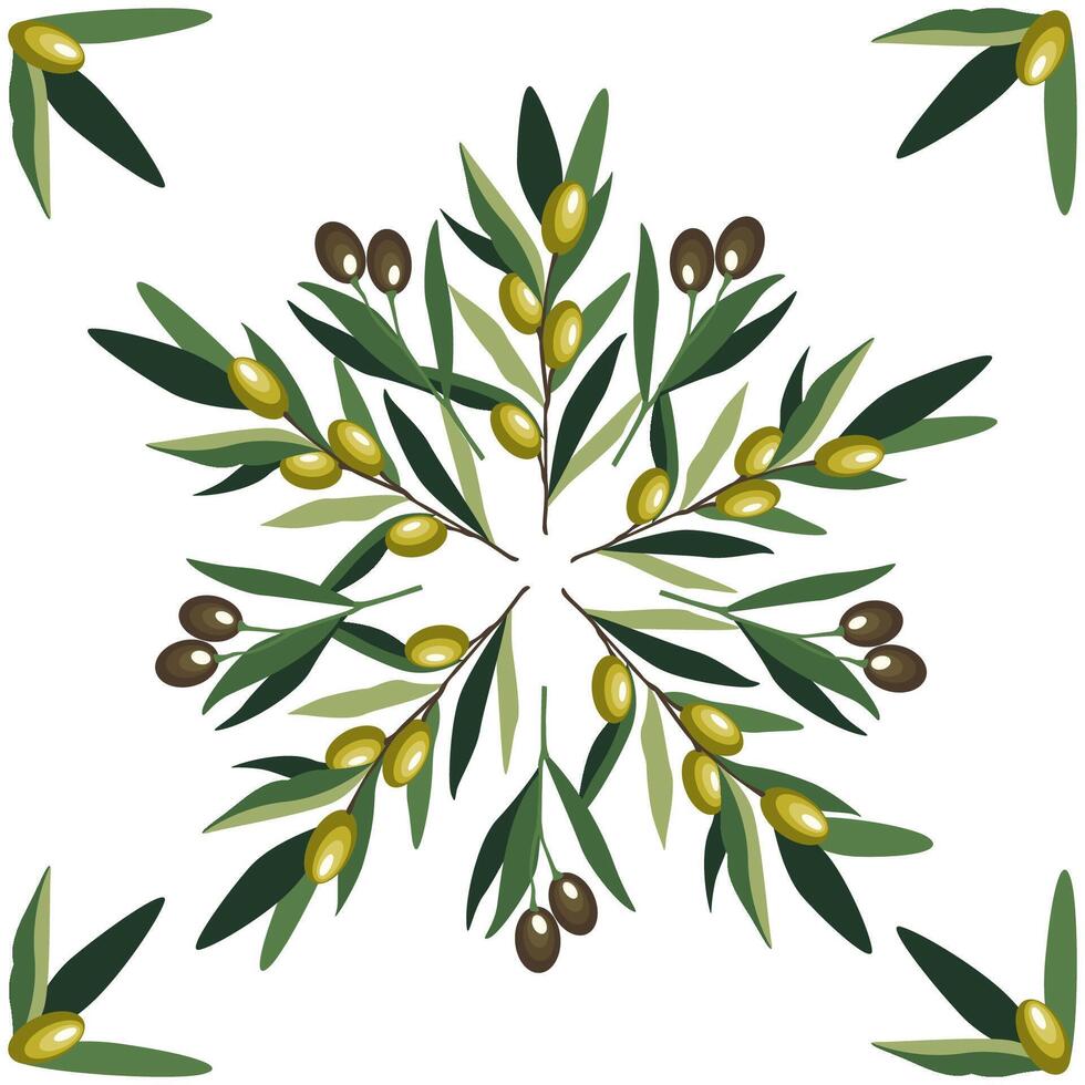 Traditional Majolica Tile Seamless Pattern. Olive Branches and Leaves. illustration vector