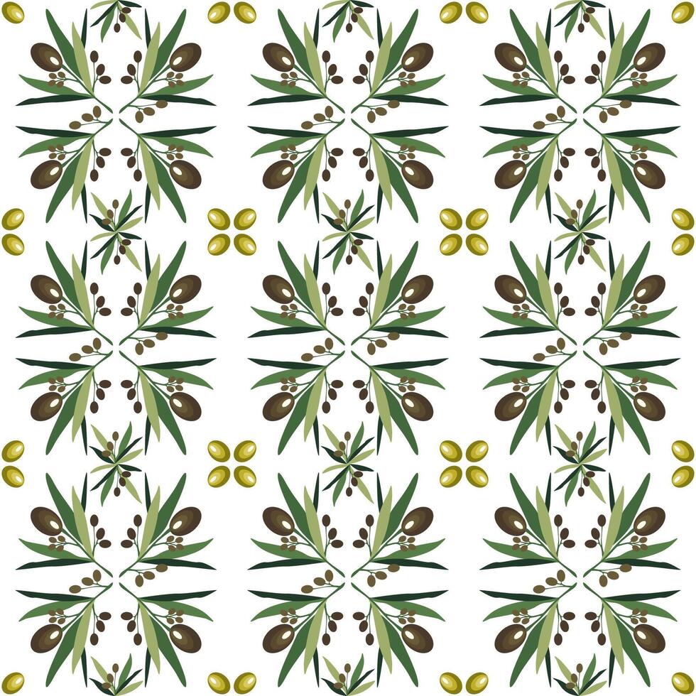 Traditional Olive Tree Pattern. Green and Black Fruit with Leaves. illustration vector