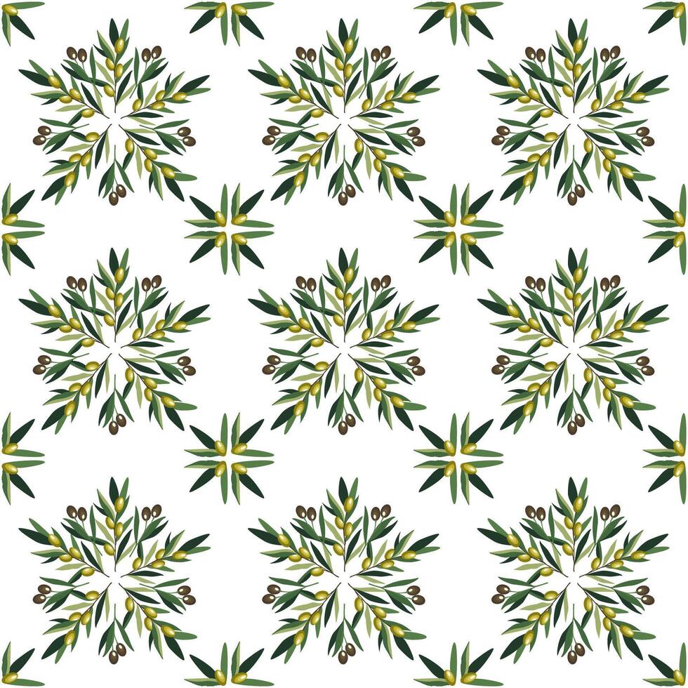 Italian Ceramic Tile Inspired Pattern. Olive Tree Sprigs and Foliage. vector