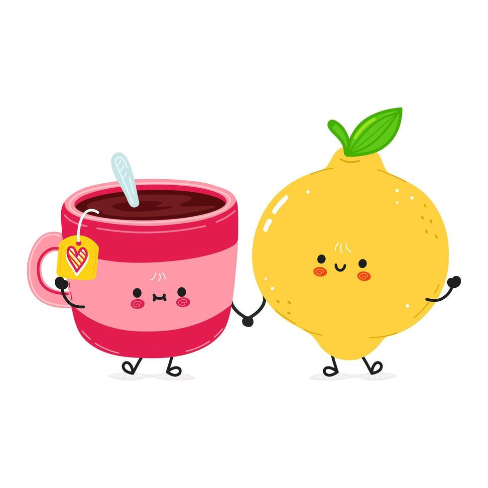 A cheerful cartoon of a Tea Cup and a Lemon holding hands, smiling, and full of love. vector