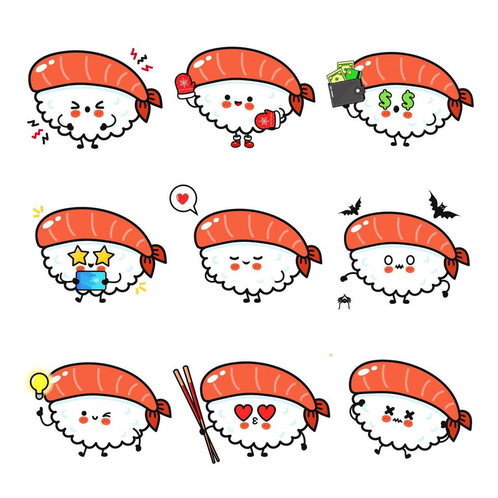 Charming Sushi characters expressing various emotions, ideal for creative and fun designs. vector