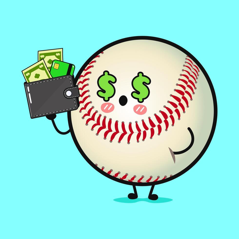 An adorable Baseball character with dollar eyes shows off wealth with a wallet full of money. vector