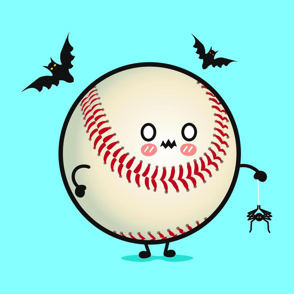 A cute Baseball character with bats and a spider prepares for Halloween in a cheerful cartoon style. vector
