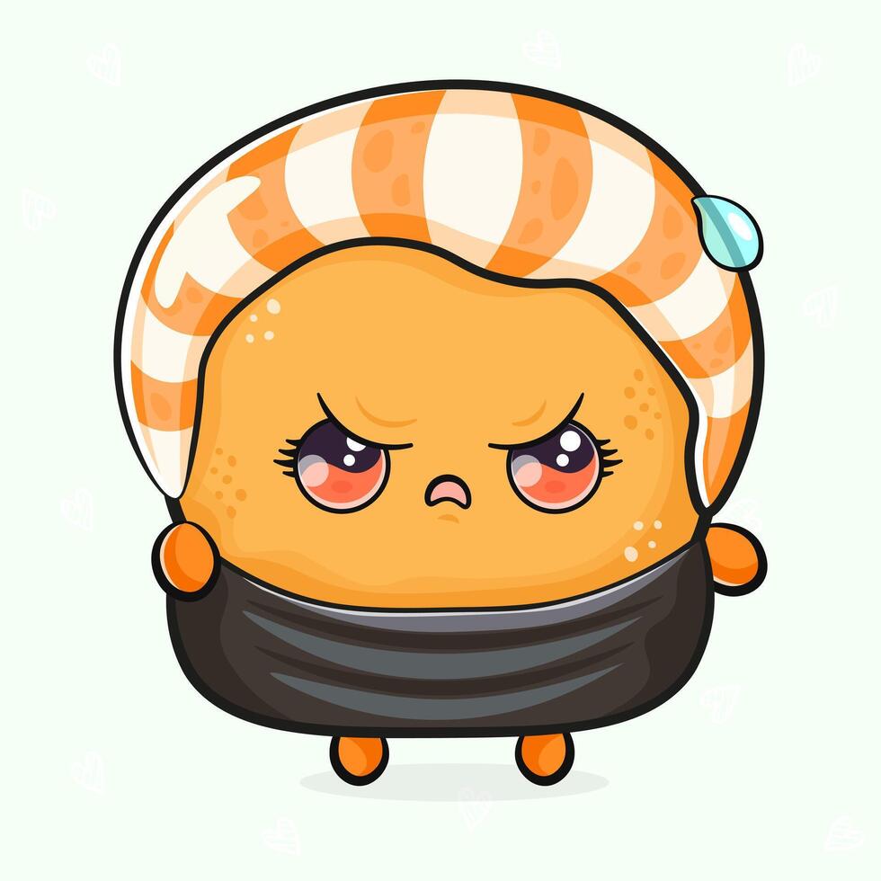 A cute but grumpy cartoon Sushi roll with an expressive face, ready to express its mood. vector
