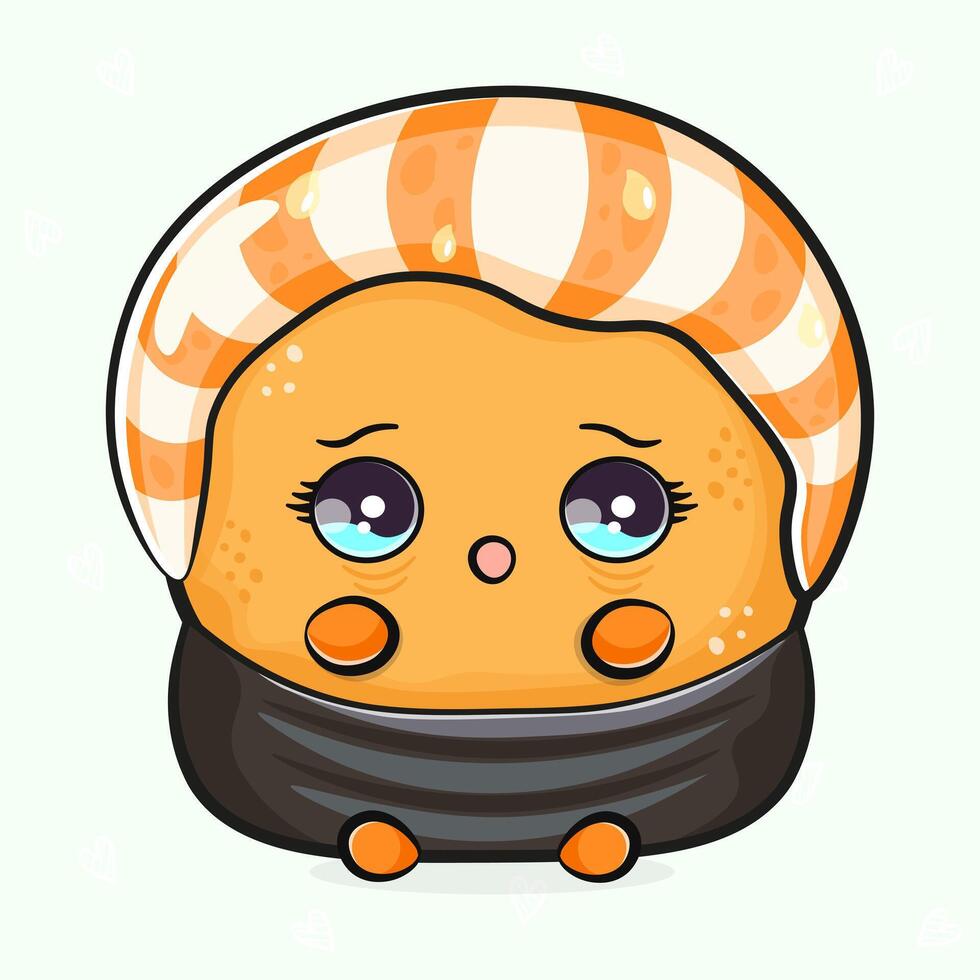 An adorable cartoon Sushi roll with big, watery eyes expressing sadness, rendered in a charming style. vector