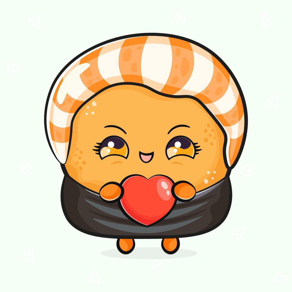 A charming Sushi character with a sweet expression holds a red heart, expressing love and happiness.ound. Sushi character concept vector