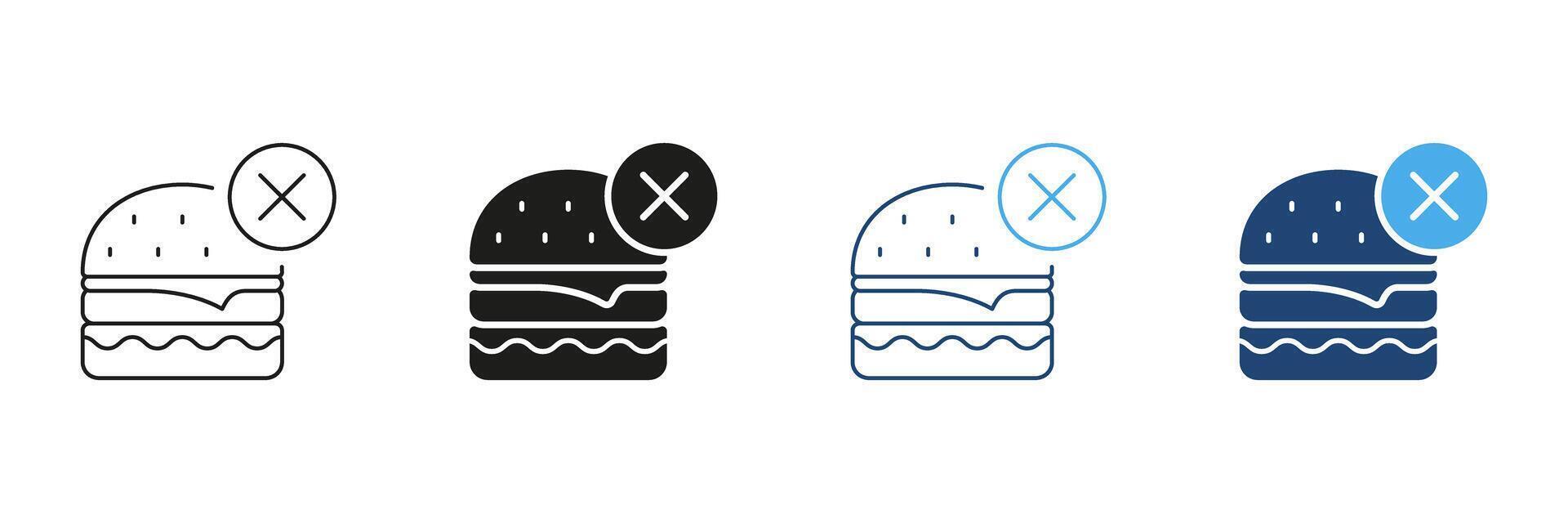 No Junk Food Line and Silhouette Icon Set. Burger With Cross Symbol. Unhealthy Food Prohibition And Healthy Eating Choices. Editable Stroke. Isolated Illustration vector