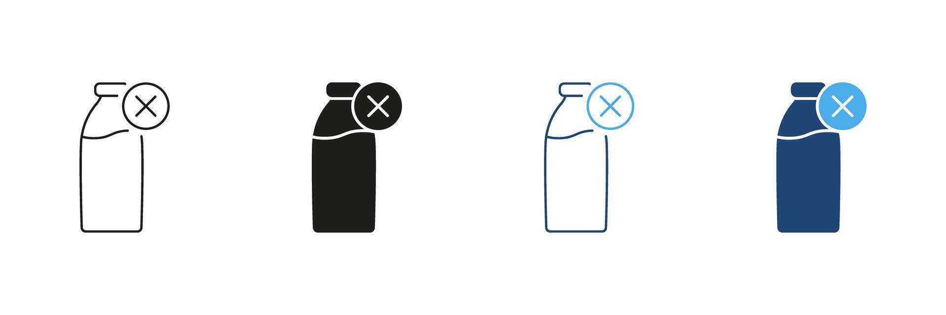 Prohibited Dairy Products Line and Silhouette Icon Set. Cross Sign on Milk Bottle Indicating Dairy Free or Vegan Lifestyle. Editable Stroke. Isolated Illustration vector