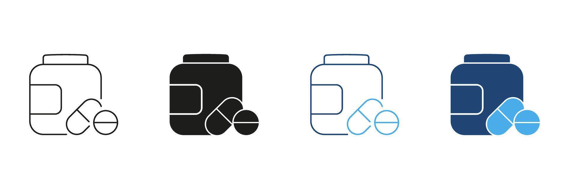Bottle with Pills Line and Silhouette Icon Set. Dietary Supplements and Vitamins in Pill Form for Health and Wellness. Healthy Nutrition. Editable Stroke. Isolated Illustration vector