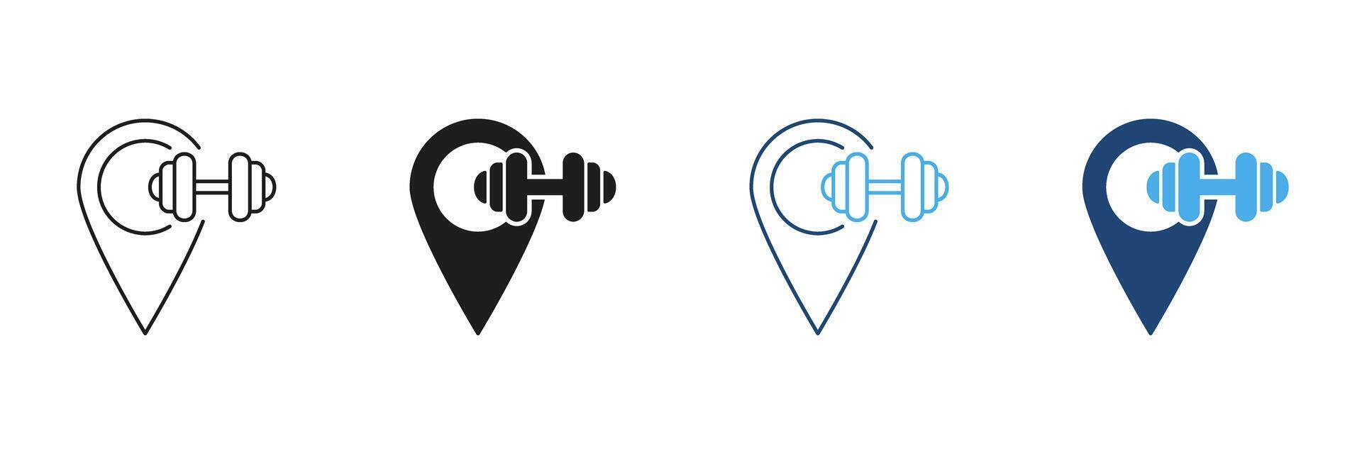 Map Pin with Dumbbell Line and Silhouette Icon Set. Fitness Location or Gym for Exercise and Training. Editable Stroke. Isolated Illustration vector