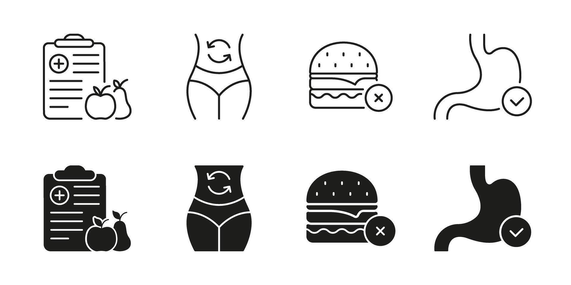 Medical and Health Nutrition Line and Solid Icon Set. Diet and Wellness Symbol Collection. Isolated Illustration vector