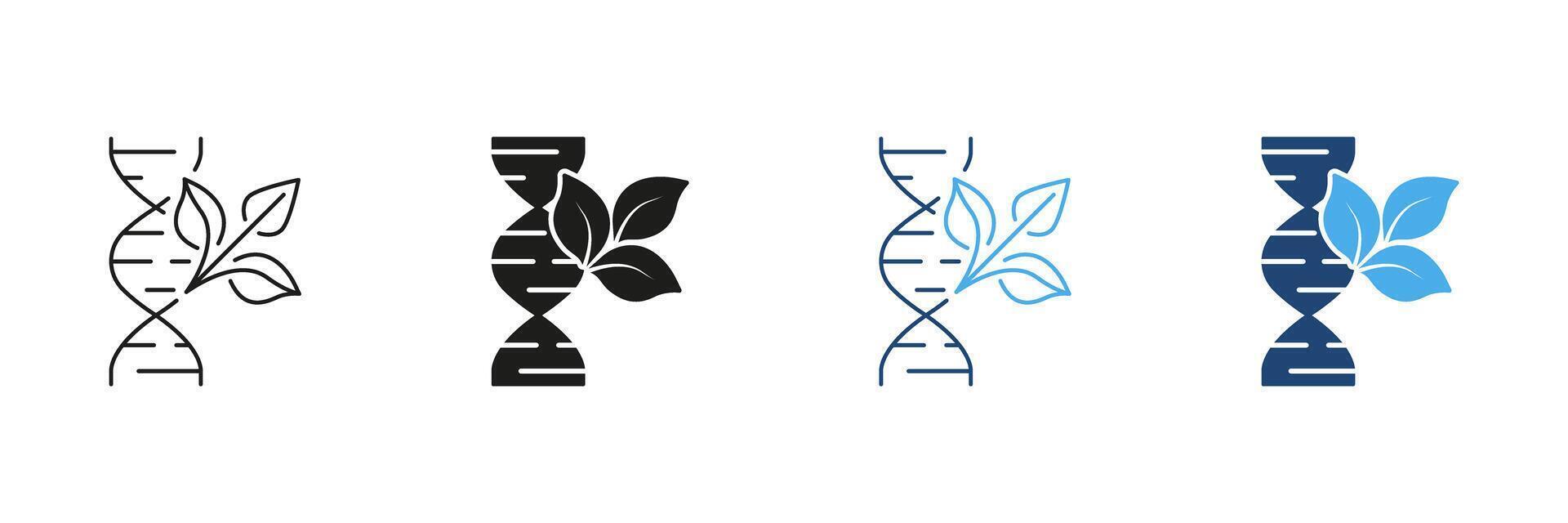 DNA Helix With Leaf Line and Silhouette Icon Set. Genetic Modification In Plants Science And Biology. Biotechnology And Genetic Engineering. Isolated Illustration vector