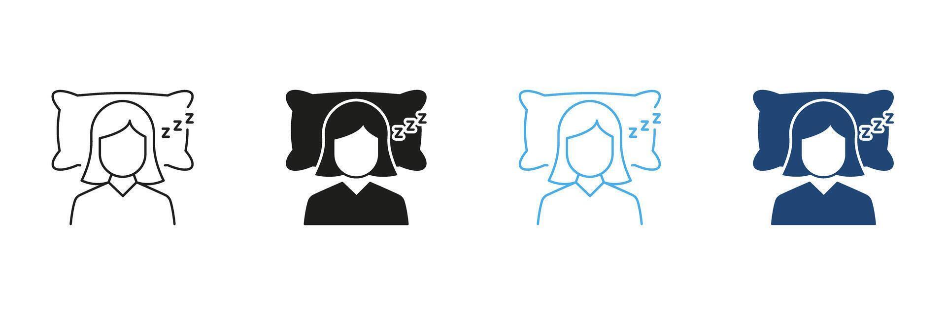 Woman Sleeping on Pillow Line and Silhouette Icon Set with ZZZ Symbol, Sleep or Rest and Bedtime Routine. Editable Stroke. Isolated Illustration vector