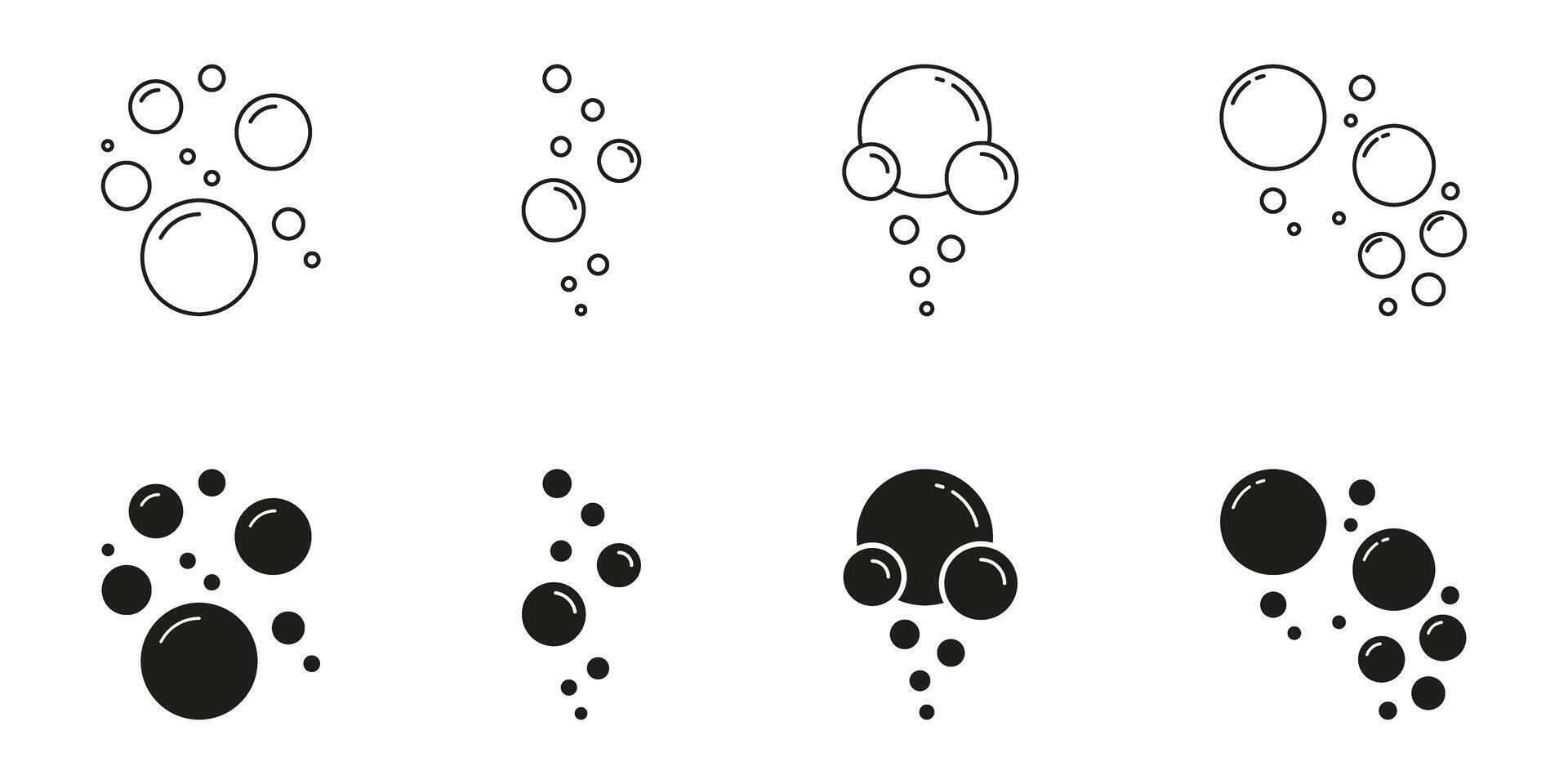 Rising Air Bubbles And Soap Foam Line And Solid Icon Set. Water Droplets And Floating Bubble Cluster Symbol Collection. Isolated Illustration vector