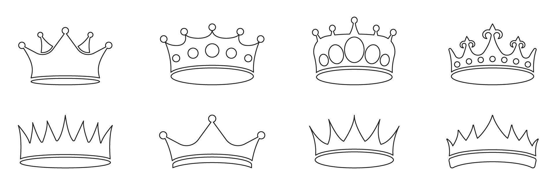 Crown Line Icon Set. Royalty, Leadership, And Authority Outline Symbol Collection. Various Crown Designs For Heraldry And Emblematic Use. Editable Stroke. Isolated Illustration vector