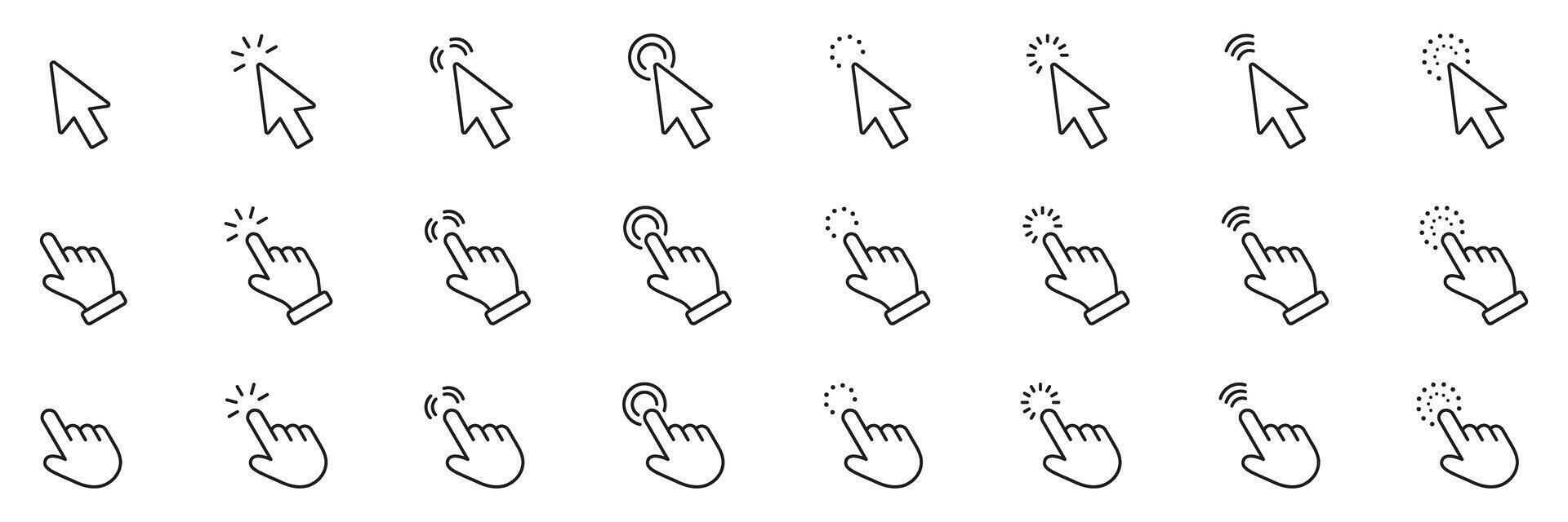 Cursor and pointer line icon set. Hand click and mouse arrow outline symbol collection. Editable stroke. Isolated illustration vector