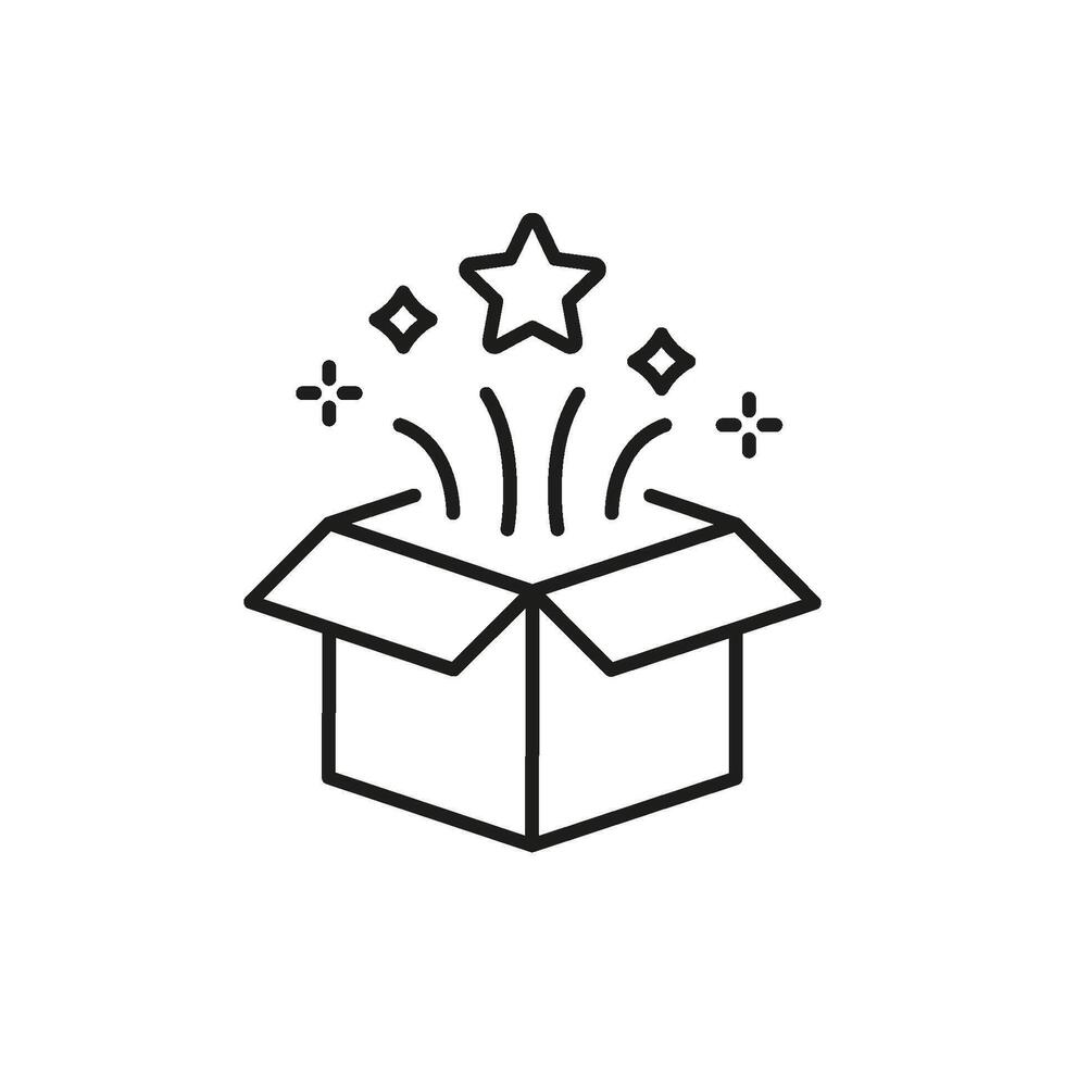 Open Box With Star And Sparkles Line Icon. Surprise, Creativity, And Innovation Outline Symbol. Unboxing Experience And Excitement. Editable Stroke. Isolated Illustration vector