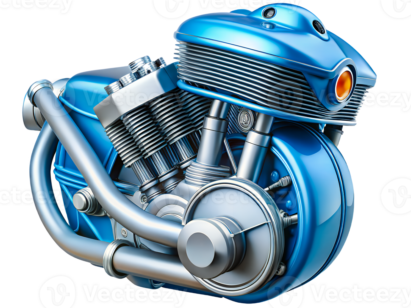 A detailed illustration of a motorcycle engine, featuring a deep blue metallic finish. png