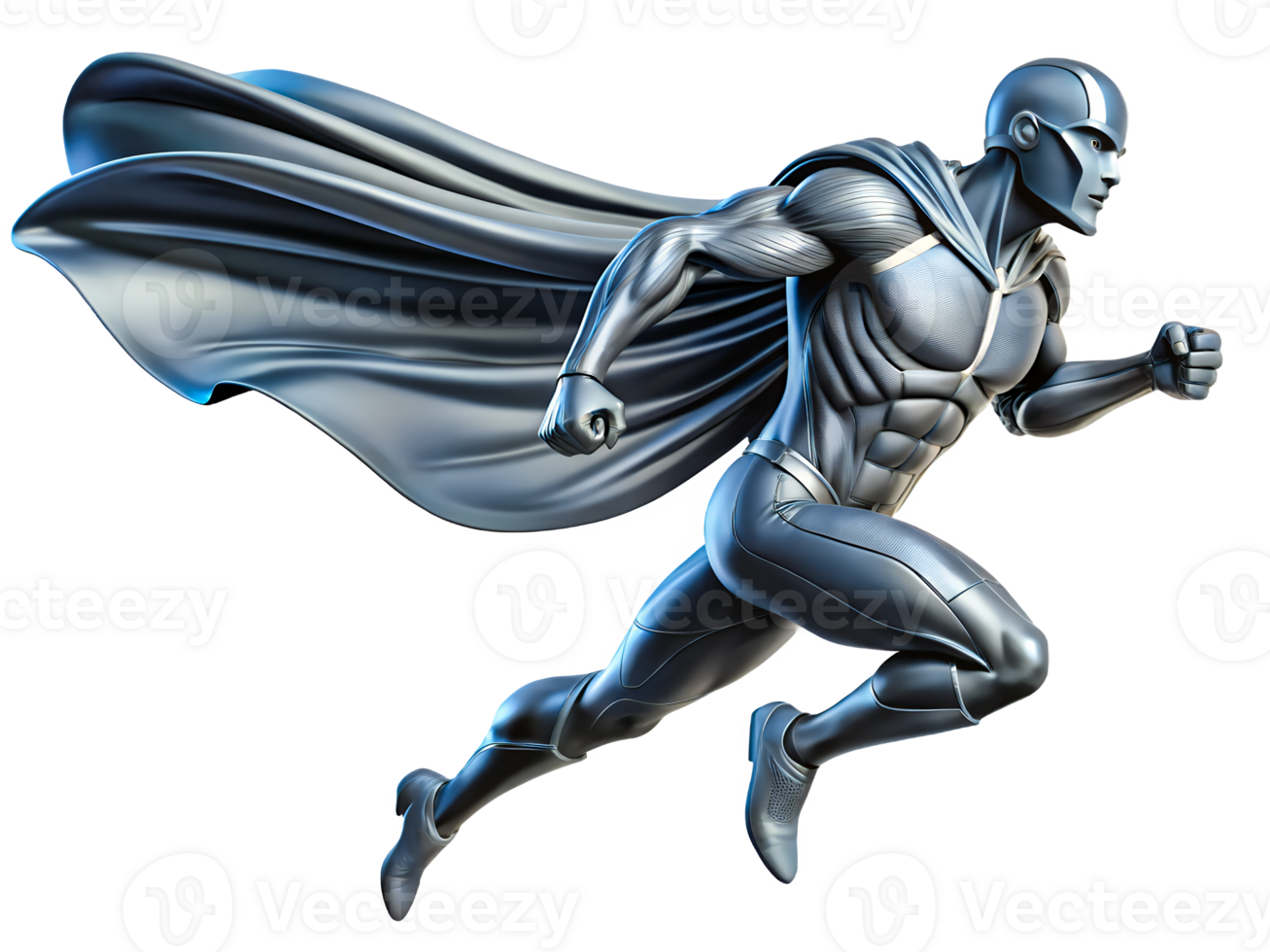3D Metal Superhero Running with Cape in Dynamic Action Pose png