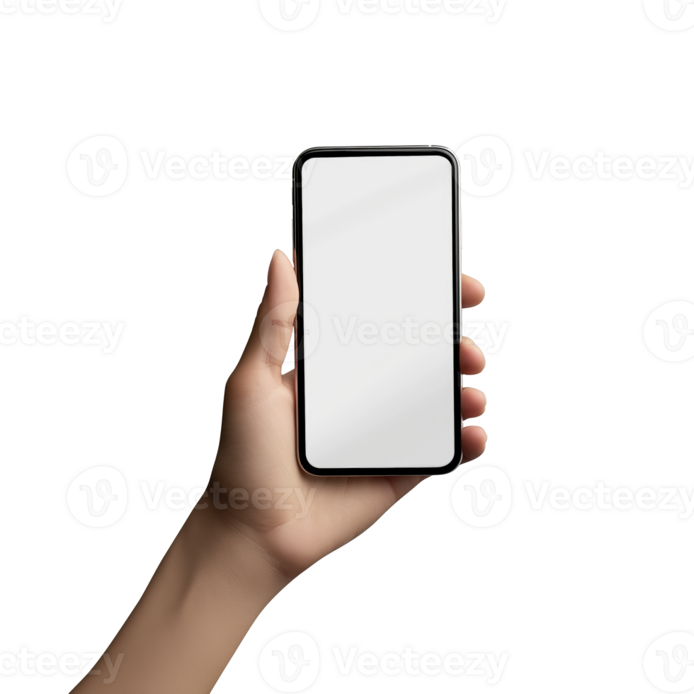 hand holding smartphone with blank screen, showcasing modern design against transparency background. This conveys sense of connectivity png