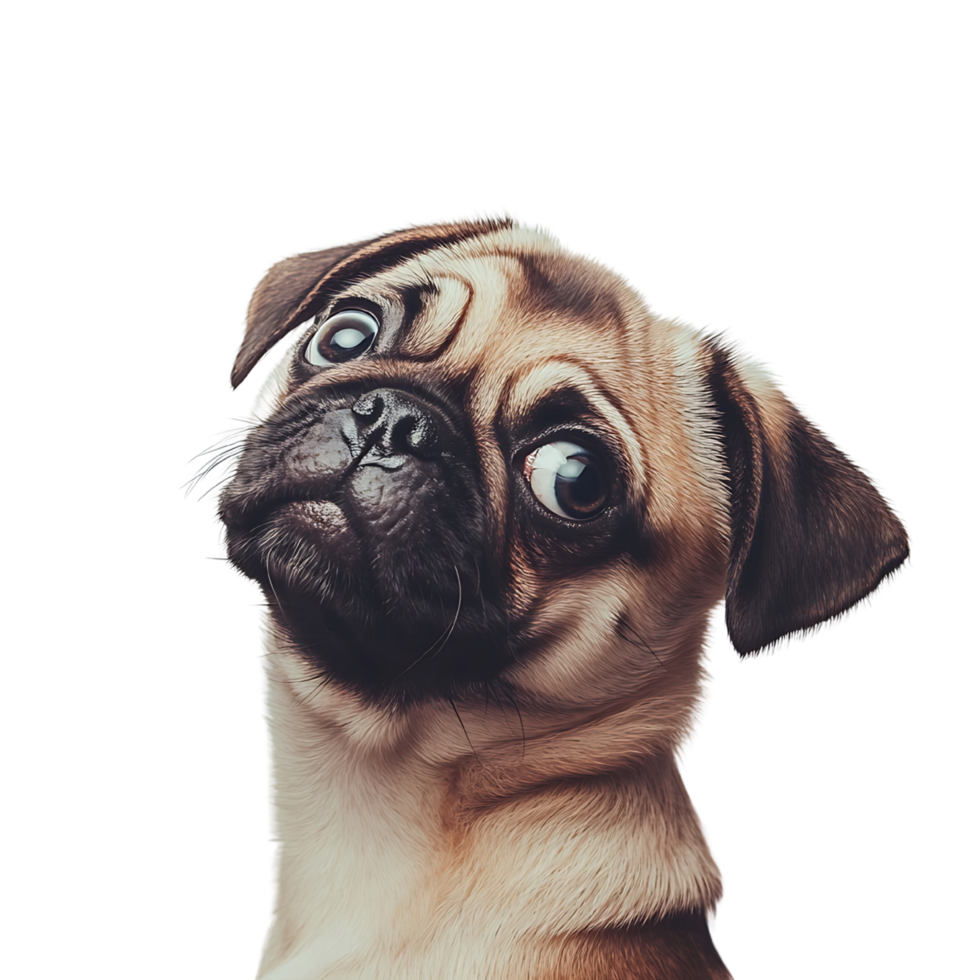 Close-up portrait of a curious and adorable pug puppy. png