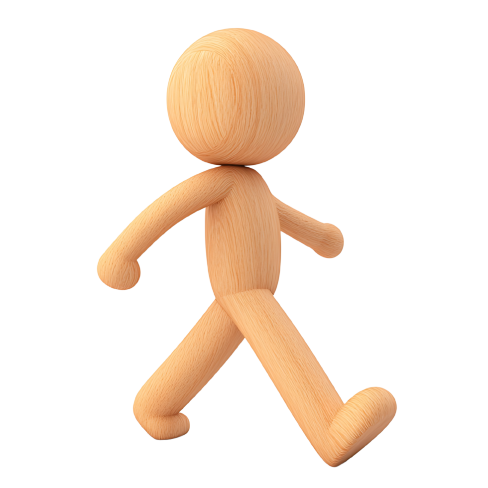 Wooden figure in motion, progressing through an environment. png