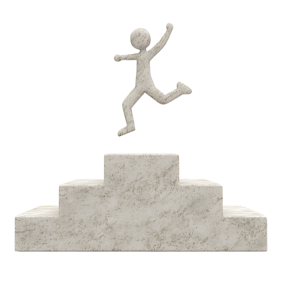 A stylized figure leaps over a platform, symbolizing achievement. png