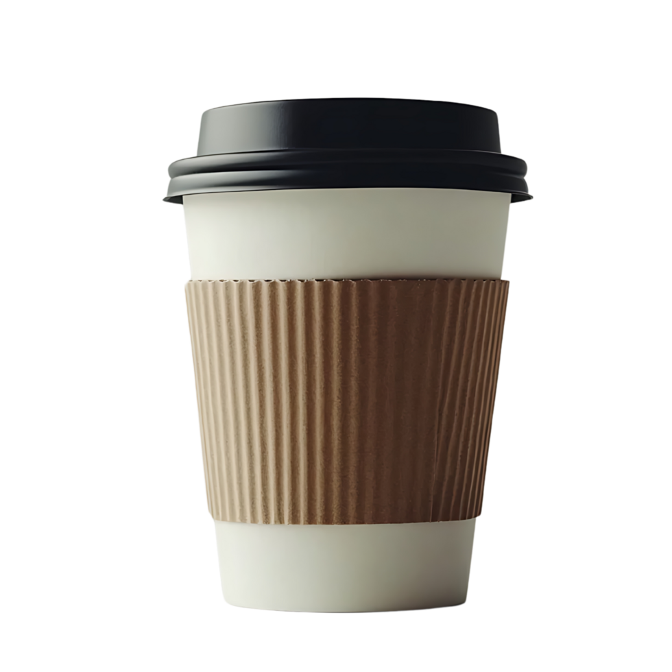 Close-up view of a disposable coffee cup with a paper sleeve. png
