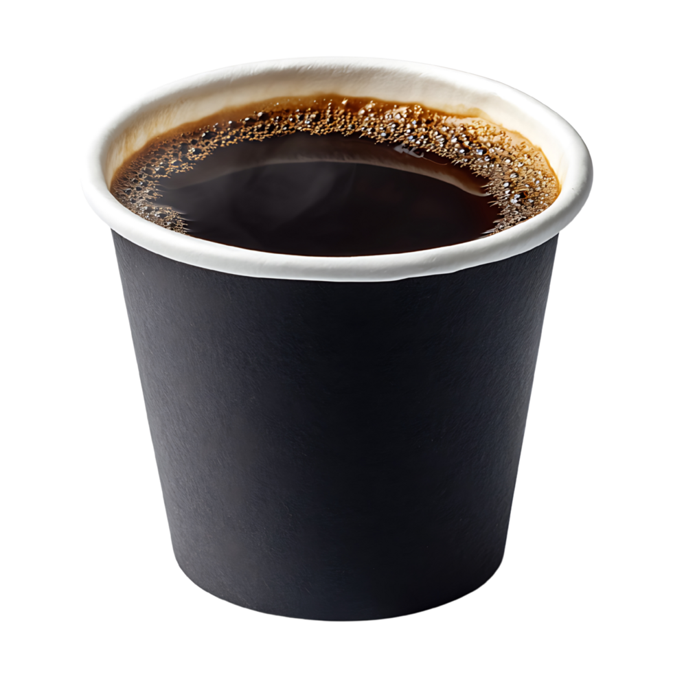Single-serve dark coffee beverage in disposable paper cup. png