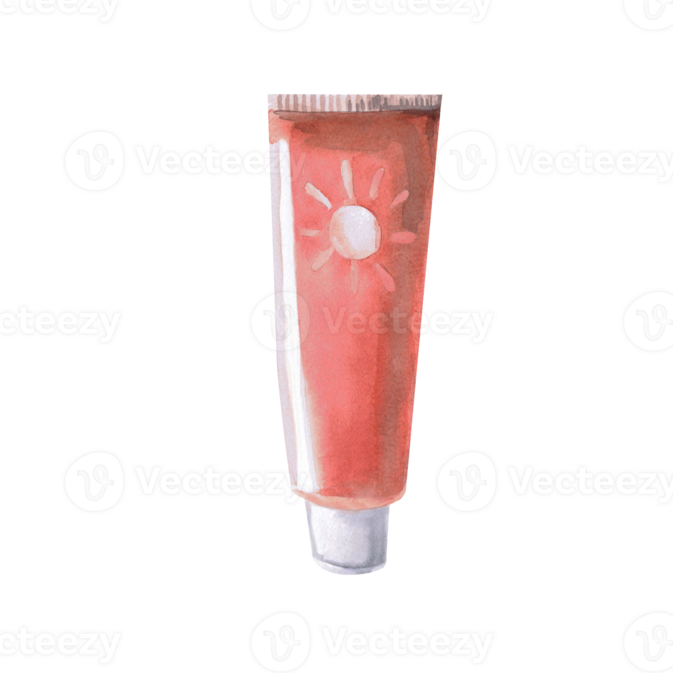 Closed tube of sunscreen. Isolated watercolor illustration for poster design on the theme of seaside recreation, travel sites, poster printing png