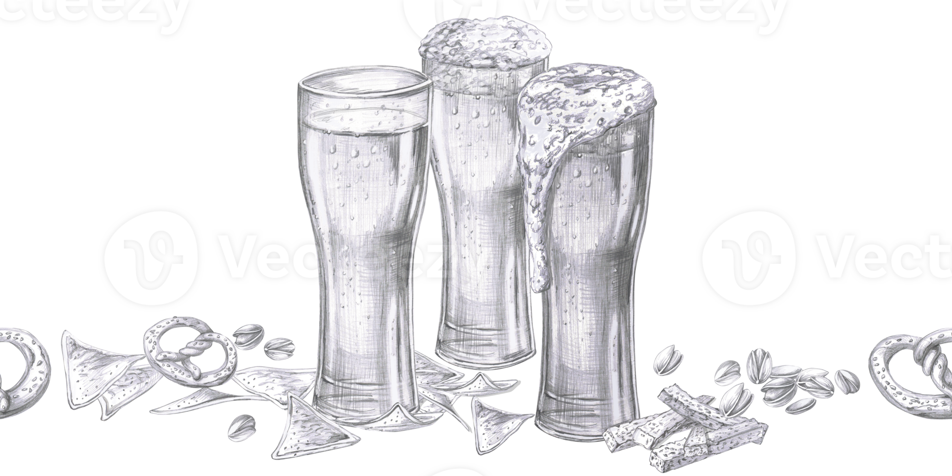 Seamless border with three glasses of beer and snack. Isolated pencil illustration for pub design, menu design, poster printing. png
