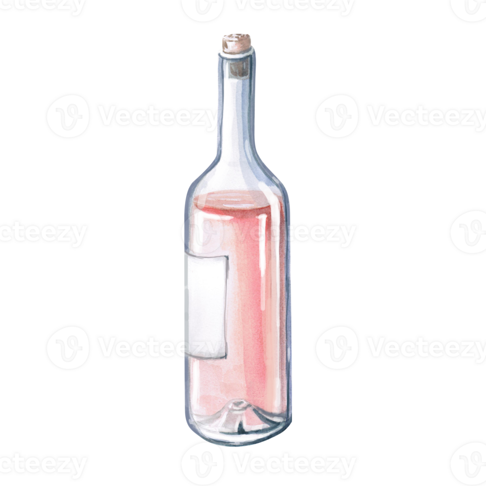 Opened bottle of rose wine with natural cork. Isolated watercolor illustration for restaurant design, menu, poster and fabric printing. png