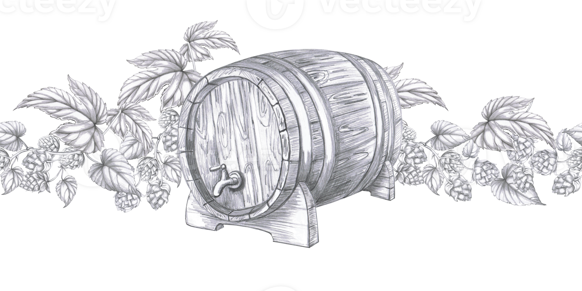Seamless border with oak barrel and hop bushes. Isolated pencil illustration for pub design, menu design, poster printing. png