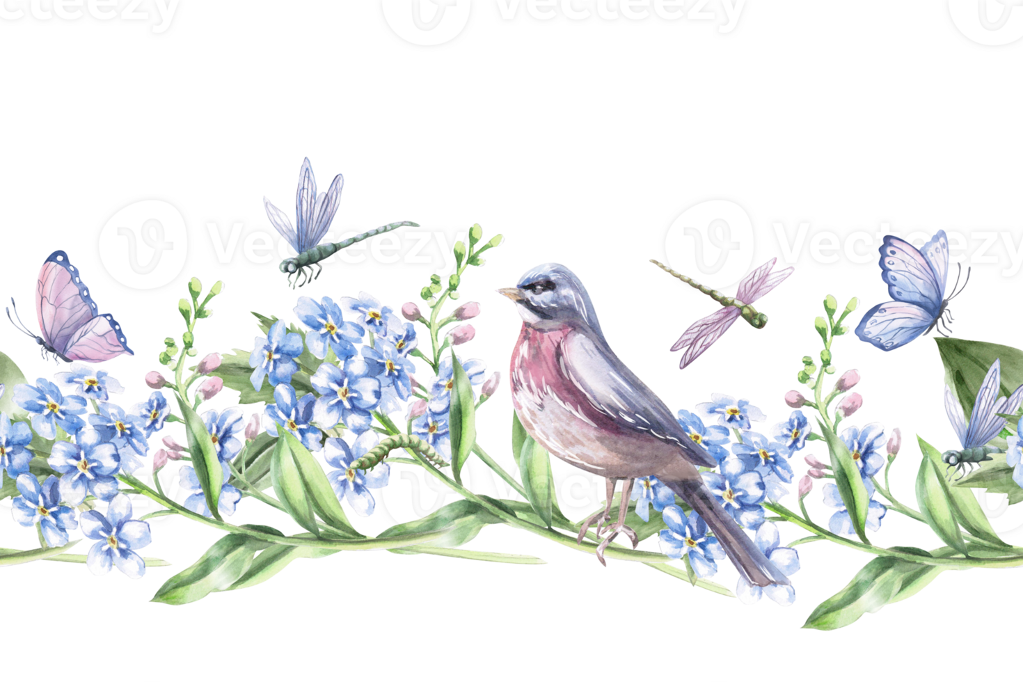 Seamless border with curved branches of forget-me-not and a bird. Isolated watercolor illustration of bouquets for design of packaging of cosmetic products, candies, printing on clothes. png