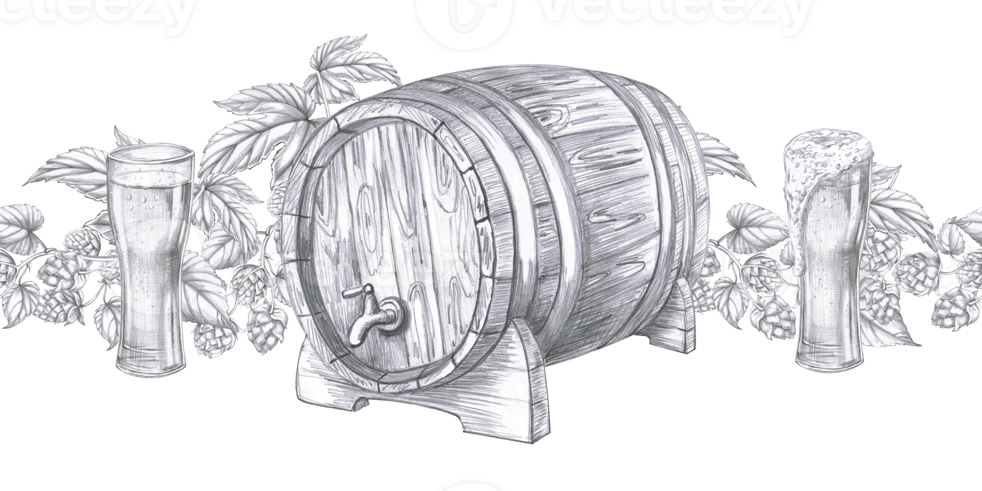 Seamless border with oak barrel, two glasses of beer and hop bushes. Isolated pencil illustration for pub design, menu design, poster printing. png