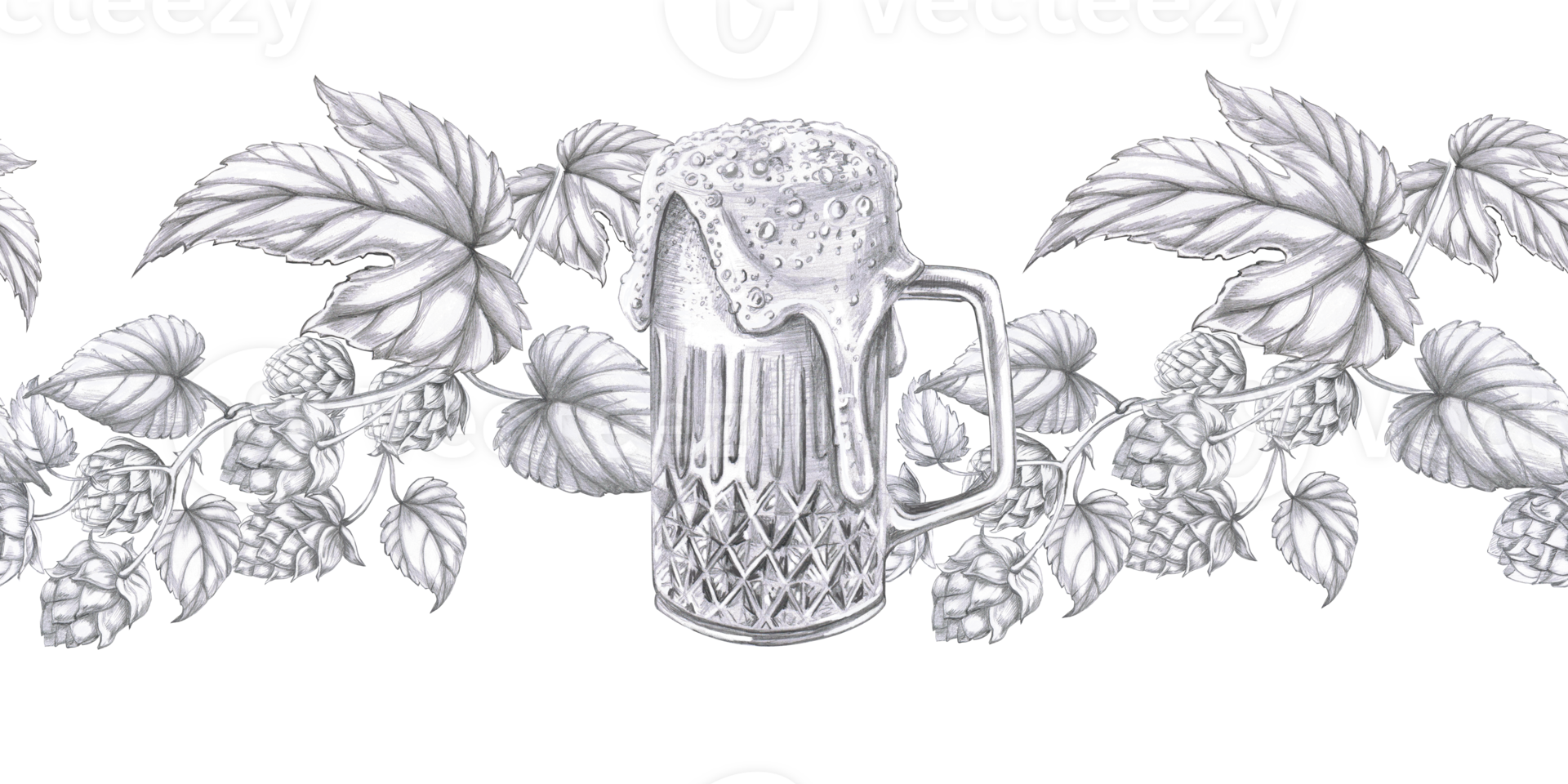 Seamless border with beer mug and hop bushes. Isolated pencil illustration for pub design, menu design, poster printing. png