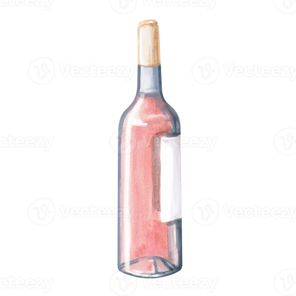 Sealed bottle of rose wine. Isolated watercolor illustration for restaurant design, menu, poster and fabric printing. png