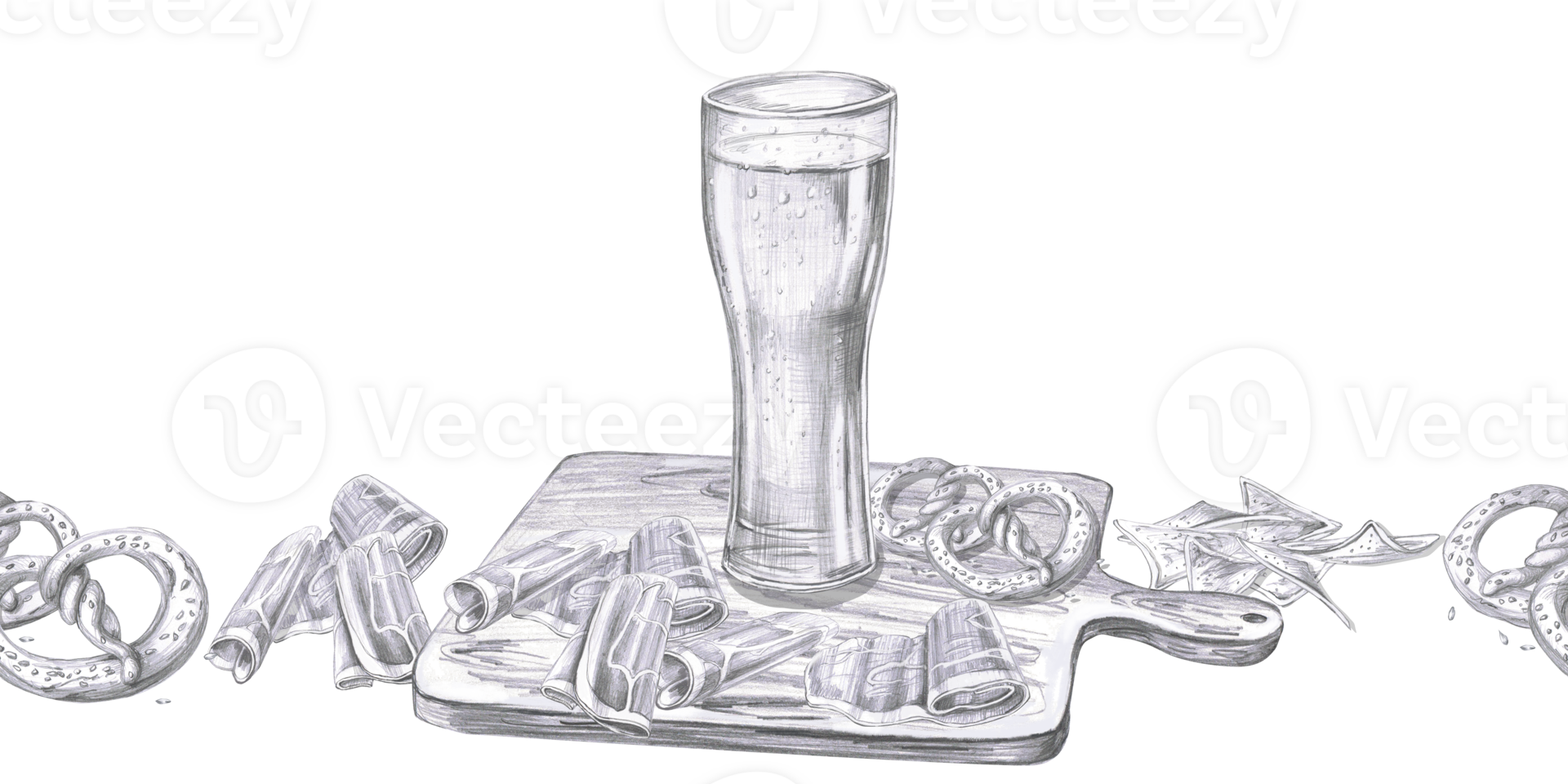 Seamless border with glass of beer, on cutting board and snack. Isolated pencil illustration in realistic style for pub design, menu design, poster printing png